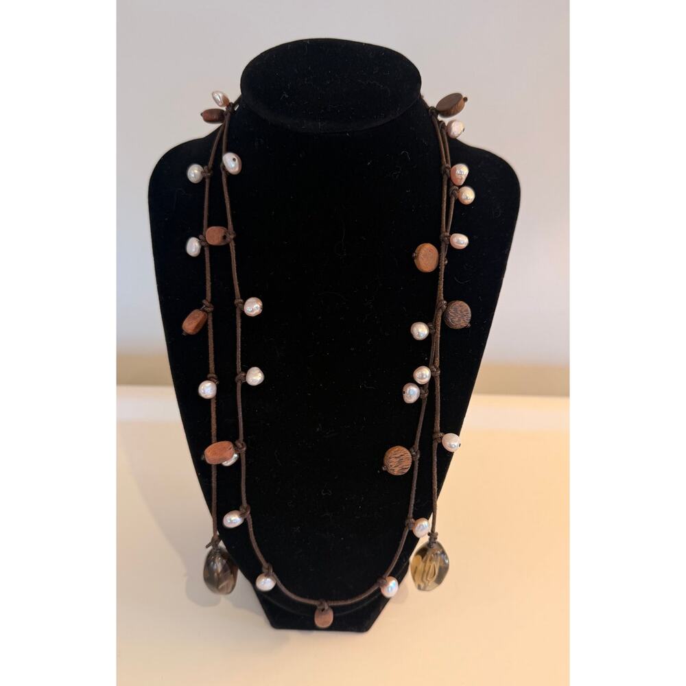 In2Design 46" Lariat Necklace Wood Beads Freshwater Pearls Leather Cord